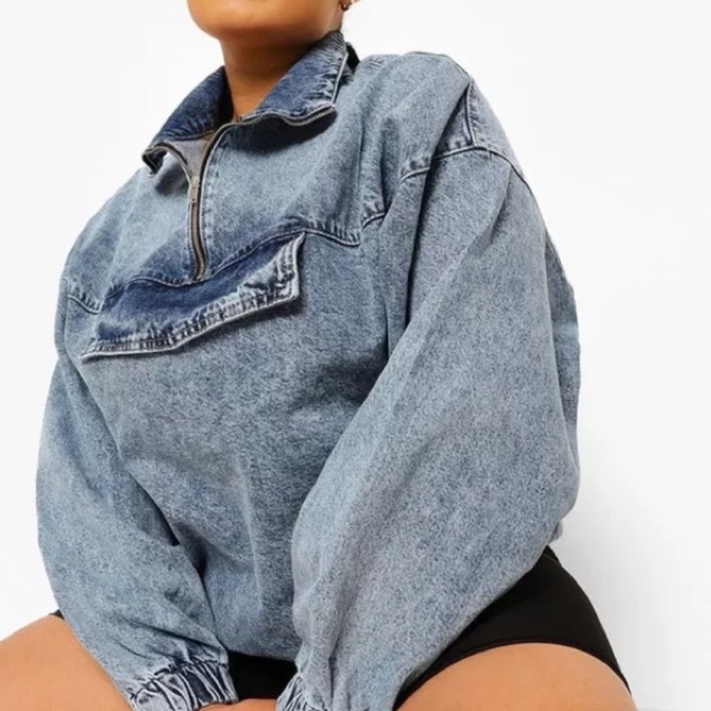 Boohoo Blue Denim Half-Zip Pullover Jacket size 6